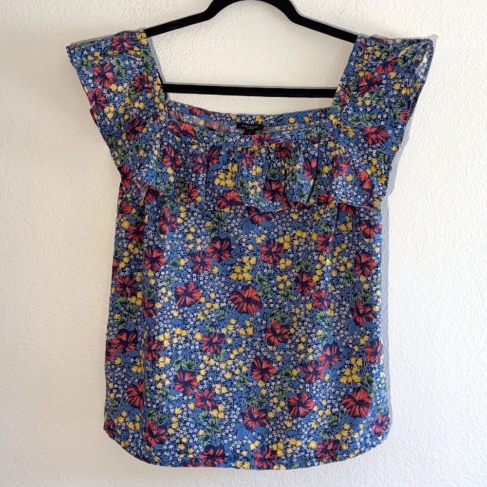 Ann Taylor Factory Floral Ruffle Blouse Blue Cotton Square Neck Top Womens Small